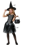edles Mädchen Kostüm Hexe schwarz Silber Kleid Hut 5-6 Jahre